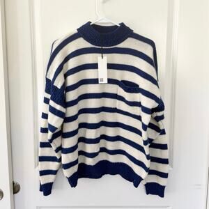 NWT White + Warren Nautical Striped Cashmere Knit Preppy Sweater White Blue L